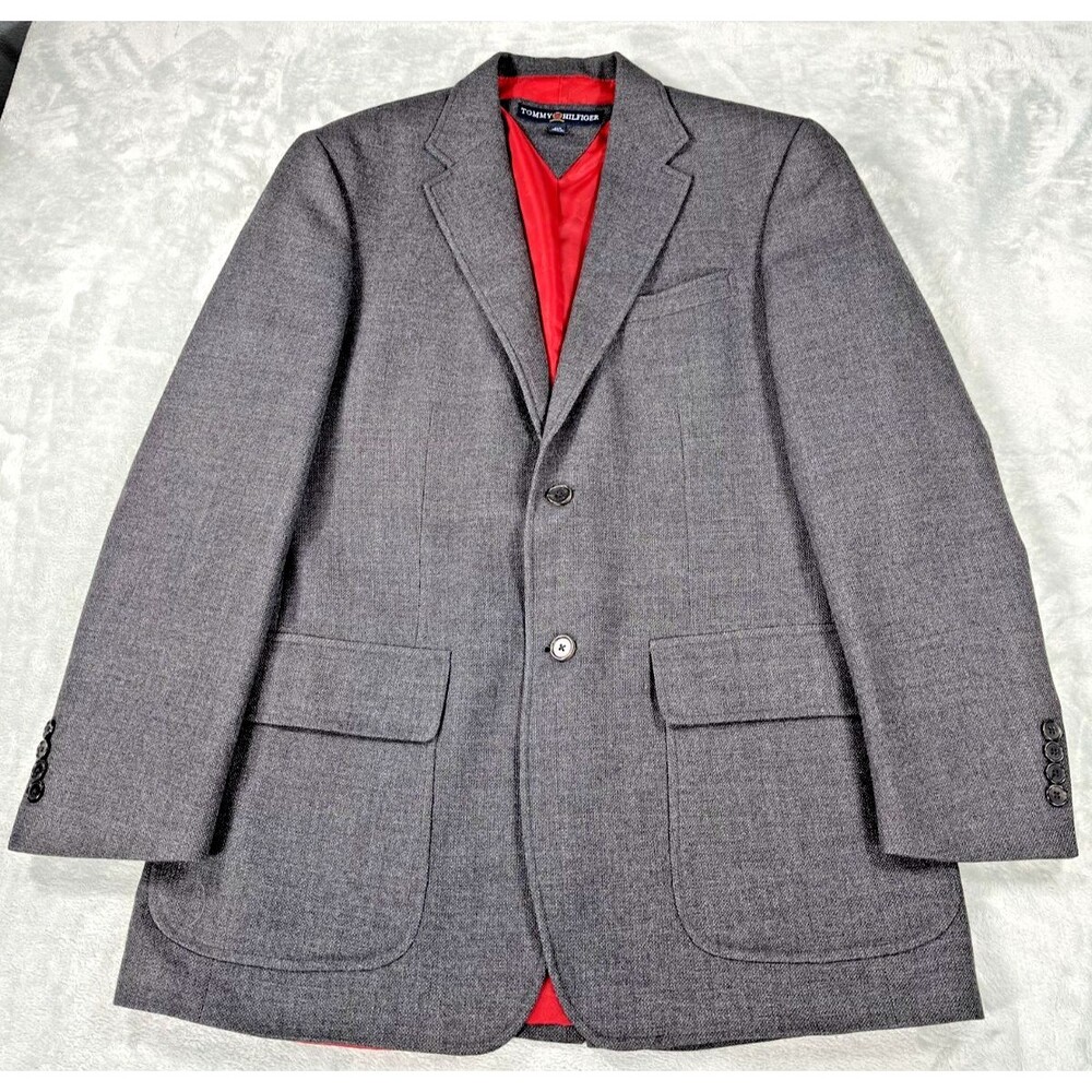 Tommy Hilfiger Blazer 40R Men Gray 100% Wool Sport Coat Jacket Red Lining